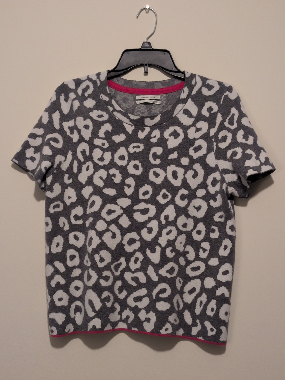 Anthropologie Gray & White Leopard Crew Neck Sweater with Pink Trim